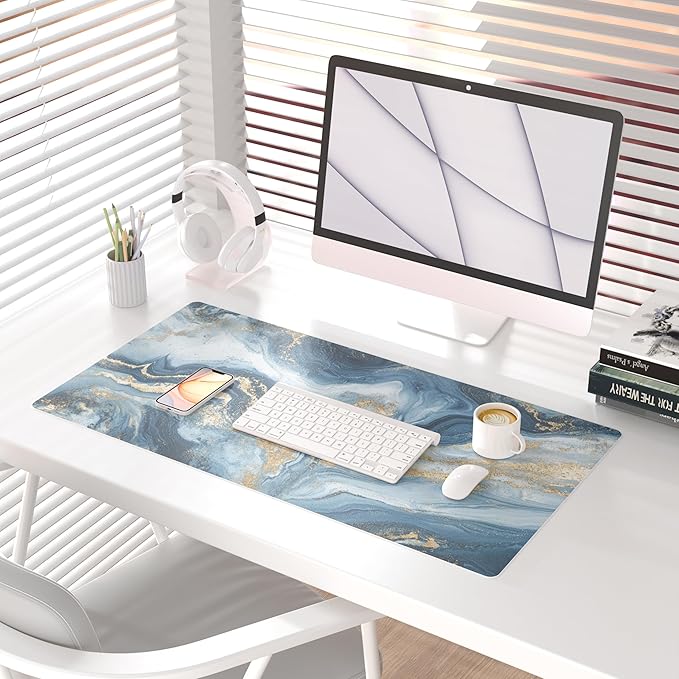 QIYI Desk Pad Large Keyboard and Mouse Pad for Laptop Computer, PU Leather Desk Cover Protector, Desk Décor Accessories for Office Home Work Writing Gaming 31.5" x 15.7" - Blue White Marble