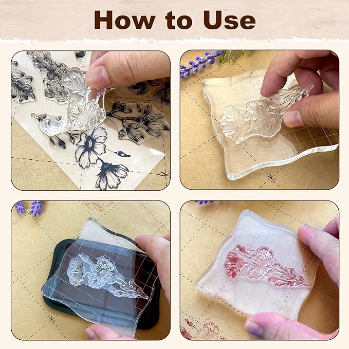 UCEC 4 Sheets Clear Stamps Set for Card Making, 2 Pcs Acrylic Stamp Block (7.5*7.5cm & 5*5cm), Vintage Plants Flowers Rubber Silicone Stamps, Small Clear Stamps for Crafts Decoration DIY Scrapbooking