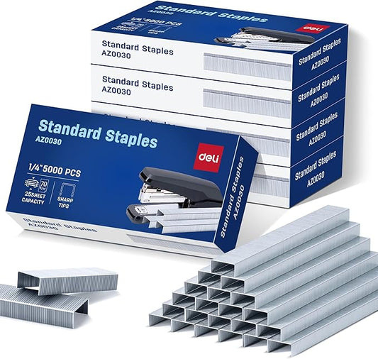 Deli Staples, 25000 Staples, Standard Staple for Desktop Staplers, 1/4'' Length, 210/Strip, 5 Boxes of 5000 Each