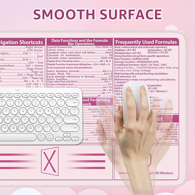 iCasso Excel Cheat Sheet Desk Pad,Excel Mouse Pad Shortcuts,Excel Shortcuts Cheat Sheet Keyboard Mat, Extended Large XXL Non-Slip Mousepad with Stitched Edges for Computer(Pink Excel Shortcuts)