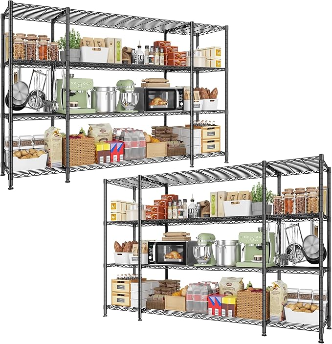 REIBII 78.4" W Storage Shelves Load 1500LBS, Metal Shelving 4-Tier Wire Shelving Unit Garage Shelving for Storage, Metal Shelves for Pantry Commercial Kitchen Garage, 11.8''D x 59''H,2P