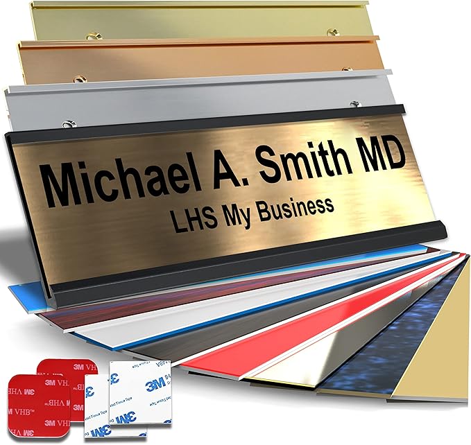 Custom Name Plate with Choice of Mounting for Walls, Doors, Cubicles, Hanging and More - Personalized Brushed Copper Plastic Black Letters - USA Made 2x10 - M5