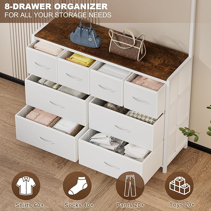YKVIQBY 8 Drawer Dresser with 6 Double Hooks, 68.9" Tall Closet Organizer and Storage, Fabric Dresser for Bedroom, Nursery, Closet, Space-Saving Freestanding Storage Cabinet (White)
