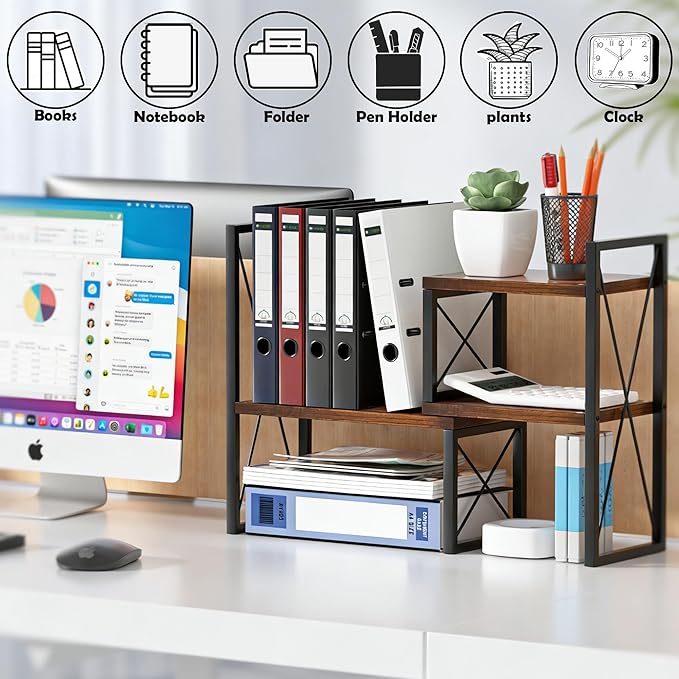 Yelinkws Desktop Shelf Organizer,Small Bookshelf for Office,Wood Desk Top Shelves, Office Organization and Storage (Brown)