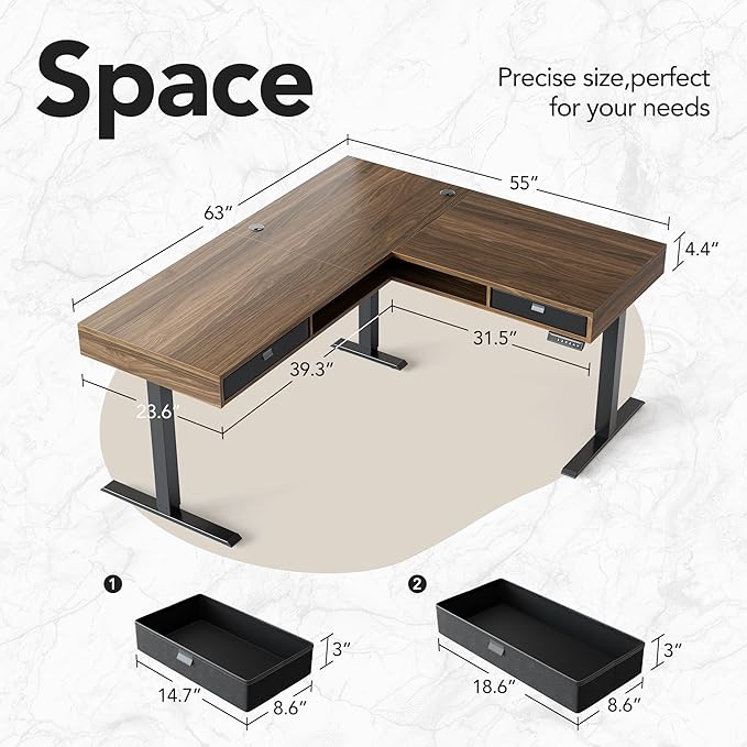 HUANUO Electric L Shaped Standing Desk, 63″x55″ Height Adjustable Corner Computer Desk with 2 Under Desk Drawers & Open Storage Sapce, Sit Stand Up Table with Power Strip Tray & Cable Grommets, Walnut