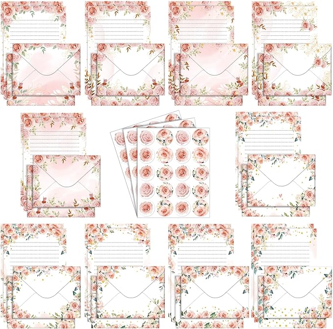 TaoBary 160 Pcs Stationery Paper Set 50 Double Sided Stationery Papers with 50 Matching Envelopes and 60 Round Dot Sticker, 10 Design(Pink Floral,5.5 x 8.25 Inch)
