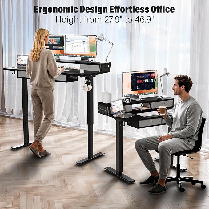 Kingant 40 x 24 Inch Electric Standing Desk with 4 Drawers, Height Adjustable Sit to Stand Computer Desk with Storage Shelf and C-Clamp Mount Compatibility for Home Office, Black
