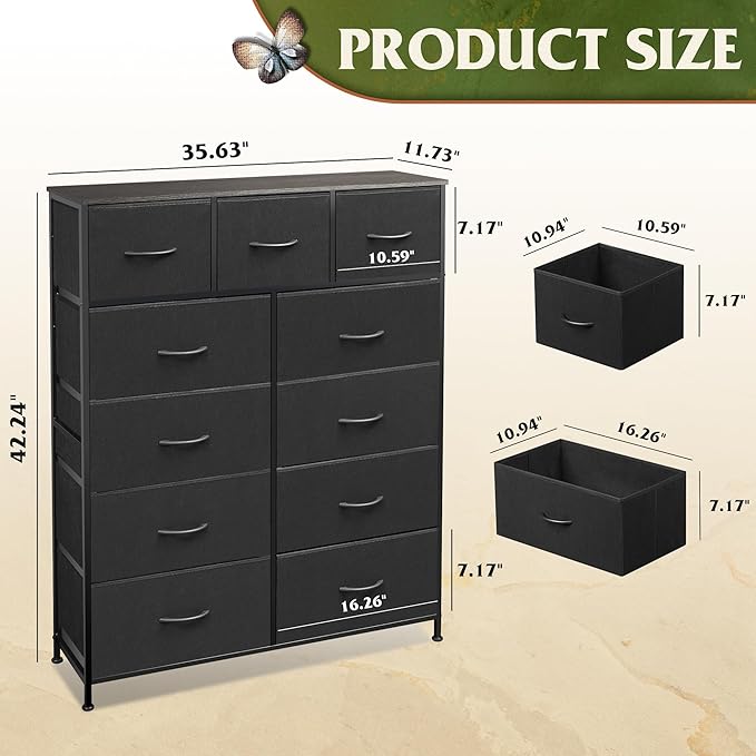 WLIVE Tall Dresser for Bedroom, Fabric Dressers Storage Tower, Dresser & Chest of Drawers Organizer Unit with 11 Drawers, Storage Cabinet, Hallway, Closets, Steel Frame, Wood Top, Charcoal Black