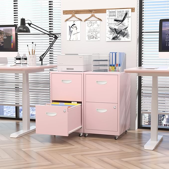 Kubohogar 2 Drawer Mobile File Cabinet with Lock, Pink Metal Filing Cabinets with Wheels, Vertical Rolling File Cabinet Fit Hanging Files, Letter and A4 Documents
