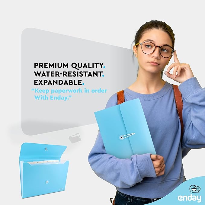 Accordion File Organizer Blue, 7 Pocket Expanding File and Cover Folder with Labels, Plastic Portable Desktop Letter A4 Paper, Also Available in Red, Green, Pink, Purple, Grey, 1 Pc – by Enday