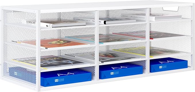 PAG-Mass Mail Sorter Adjustable Countertop Mail Holder, Heavy Duty Literature Organizer, Student Mailbox for Classroom, Desktop Bill Paper Organizer for Office Home School, 12 Compartments, White