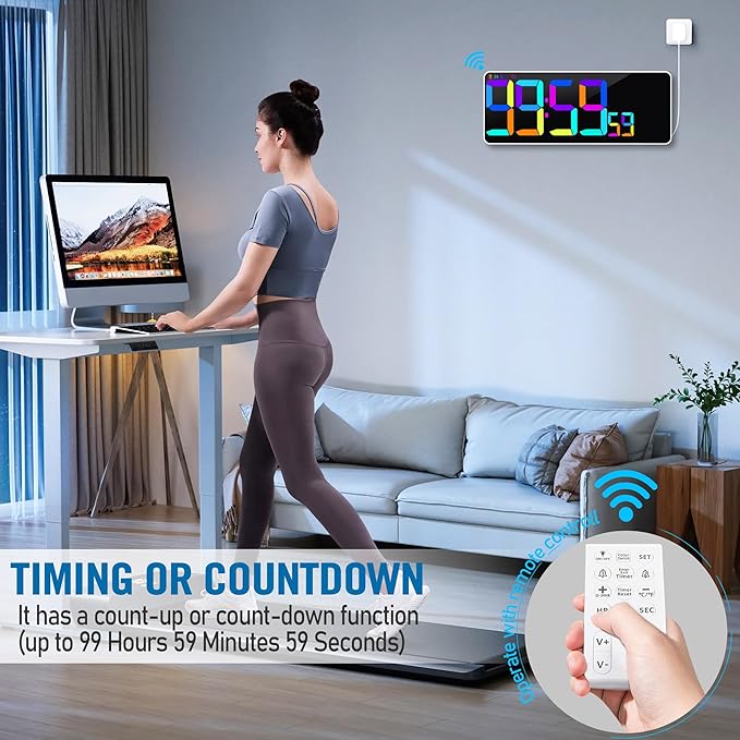 KMMKGG Large 13.7" LED Digital Timer（5''Nunmber）, 11 Color Changing, Count Up/Down Timer with Remote Control, Adjustable Brightness Wall Clock for Home, Office, Gym, Elderly, Auto DST