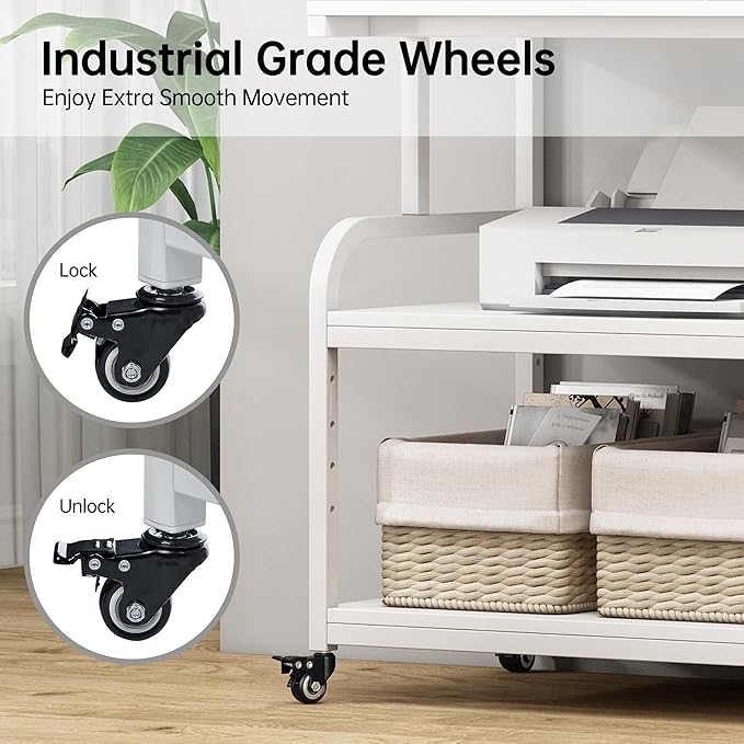 Fannova Printer Stand, 32.3" x 18.9" x 32.1" Extra Large Printer Table with Adjustable Storage Shelf, 3 Tier Rolling Printer Cart with Industrial Wheels for Home Office, White