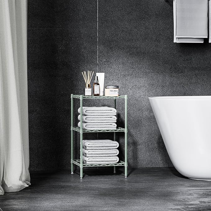 M MZG 750 lbs 3-Shelf Storage Shelves Wire Shelving Unit Standing Metal Rack for Small Places Narrow Wire Rack for Bathroom, Green 13.8 D x 13.8" W x 25.5" H
