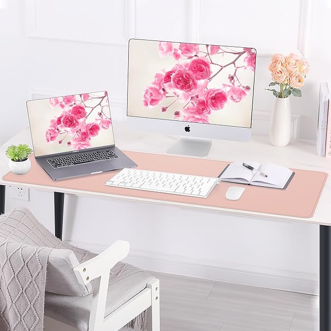 AFIING Leather Desk pad Protector, Large Non-Slip Office Desk Mat with Natural Cork & PU Leather, Waterproof Writing Mouse Pad for Office and Home (55in*17in,Pink)