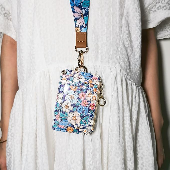 bolimoss Lanyard Wallet,Wallet Lanyard,lanyards for id Badges,lanyards for id Badges for Women,Lanyard Wallet for Women,Fashion Badge Holder with Zipper（Cartoon Floral）