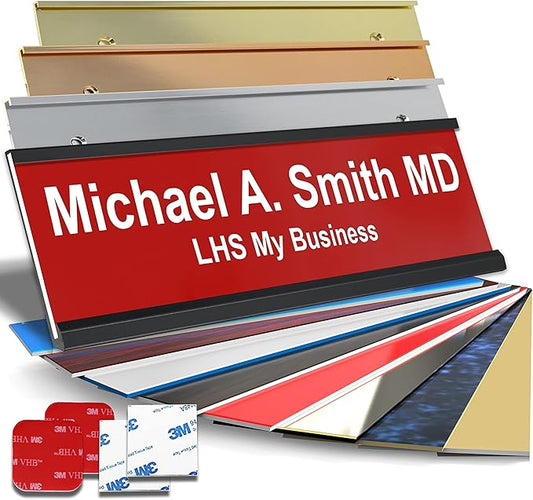 Custom Name Plate with Choice of Mounting for Walls, Doors, Cubicles, Hanging and More - Personalized Red Plastic White Letters - USA Made 2x10 - B7