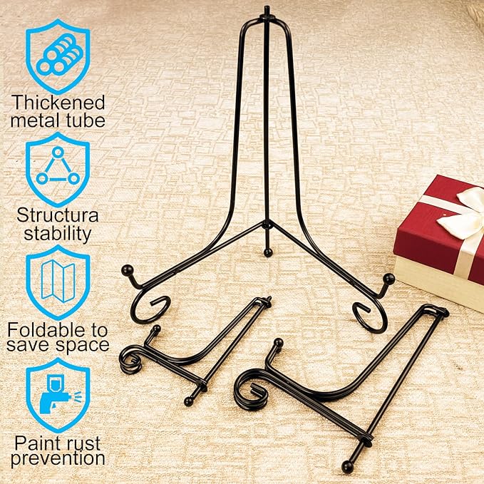HENABLE 6PCS 3 Size Black Iron Plate Stands for Display - 4, 6, 8 Inch Decorative Metal Plate Holders - Mini Easel, Frame, Book, Card, Plaque, Bowl, Picture Display Stands