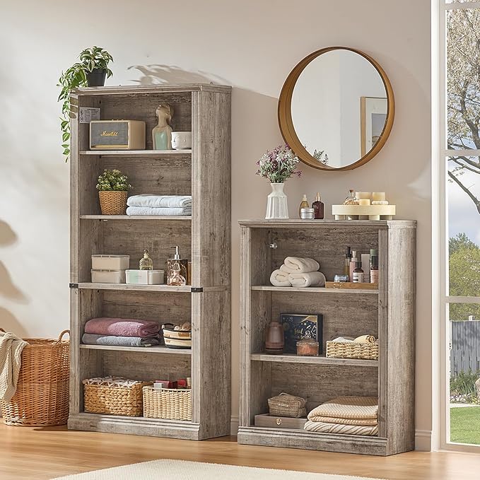 RWYHG 70" Grey Tall Bookshelf Set of 3,5-Tier Thick Wooden Book Shelf with Adjustable Shelves,Free Standing Farmhouse Bookcase with Open Display Storage,Floor Vintage Bookshelves for Living Room