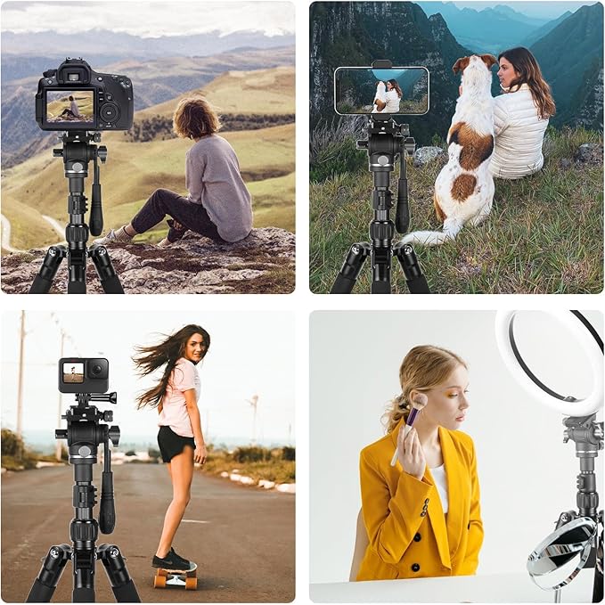 PULUZ 64"/164cm Video Tripod, Metal Camera Tripod with 360°Fluid Drag Head, Quick Release Plate Compatible with Canon Nikon Sony and Other DSLR Camera Camcorder for Photography/Videography