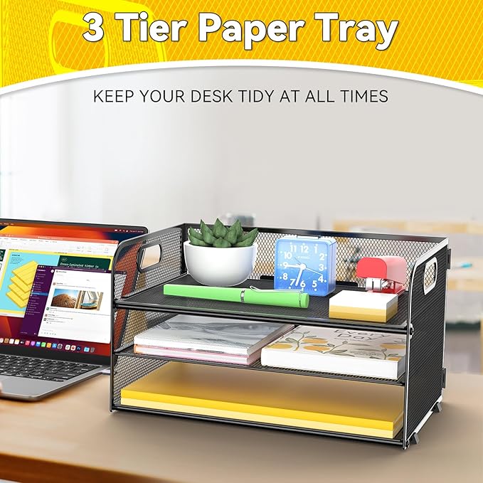 MINDEPOT 3 Tier Paper Organizer Tray with Handle, Mesh Letter Tray for Office, Home, School (1 Pack), Black