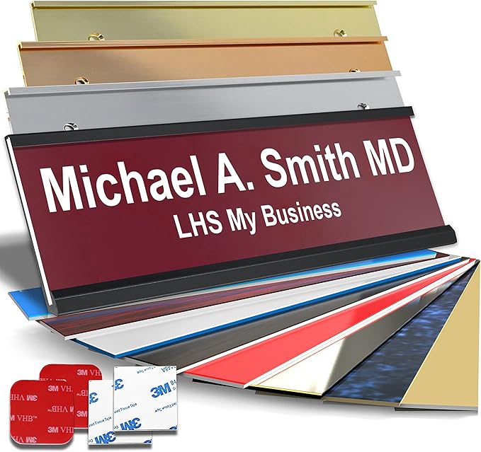 Personalized Name Plate with Choice of Mounting Holders for Walls, Doors, Cubicles, Hanging and More - Custom Burgandy Plastic White Letters - USA Made 2x10 - B26