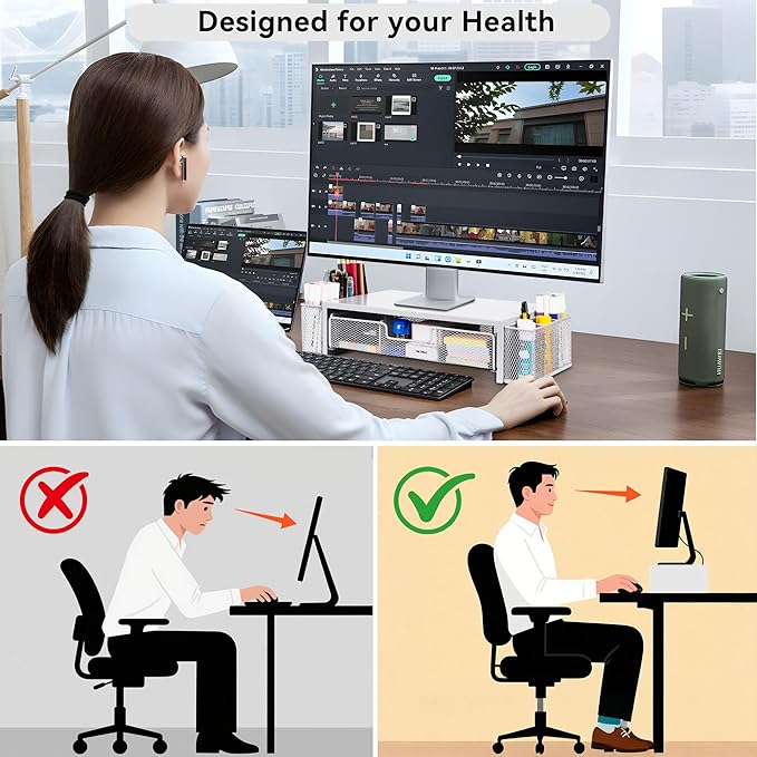 Qupui Computer Monitor Stand Riser with Drawer and Pen Holders, Desk Organizer Shelf and Accessories, Office Desk Accessories, Office Organization, White
