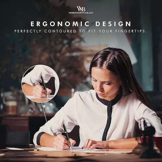Wordsworth & Black Fountain Pen Set, Broad Nib, Includes 24 Pack Ink Cartridges, Ink Refill Converter & Gift Box, Chrome Finish, Calligraphy, [Black Chrome], Perfect for Men & Women
