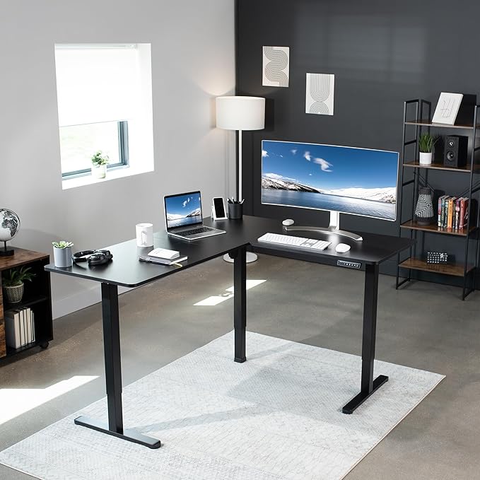 VIVO Electric Corner 63 x 55 inch L-Shaped Standing Desk, Memory Height Adjustment, Black Top Black Frame, DESK-E3CTB