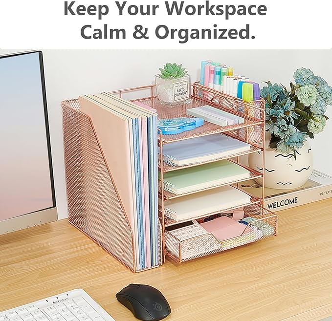 Gugsey Desk Organizer, 5-Tier Paper Letter Tray Organizer with File Holder, Drawer and Pen Holder, Desktop Organizer for Office Supplies, Rose Gold