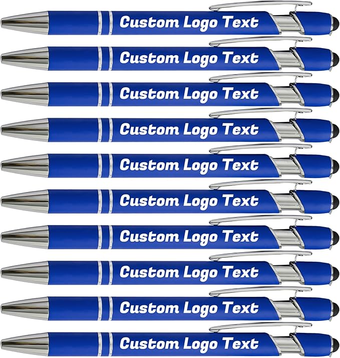 HEYZARDA Personalized Pens with Name Text Logo Custom Ballpoint Pen for Business Office Events with Stylus for Touchscreen 50 Pcs Blue