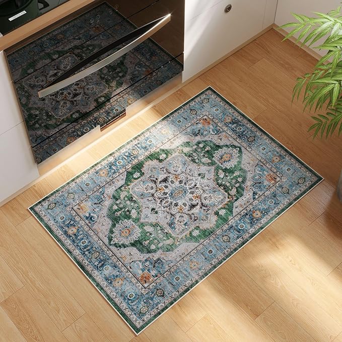 Rugcomf Vintage Medallion Rugs for Entryway 2'x3' - Door Mat Indoor Entrance, Machine Washable Area Rug, Non-Slip Low Pile Boho Carpet for Kitchen, Front Door, Bedroom, Kids Room - Green