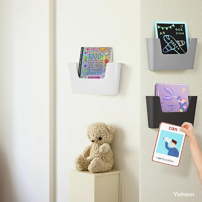 YOHOM No Drilling File Holder Wall Mails Magazines Organizer Adhesive Door Mount, Single Pocket, (White 1) (GREY, 3 PCS)