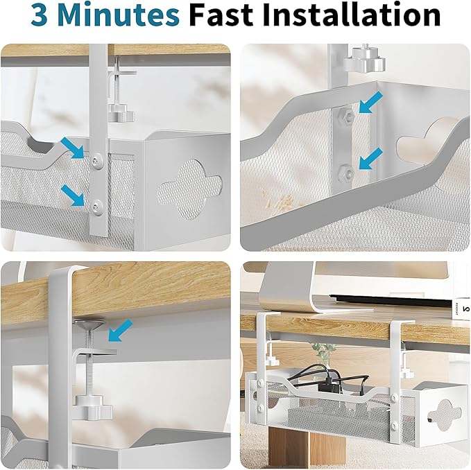Under Desk Cable Management Tray 3 Pack, Cable Management Under Desk No Drill, Cable Organizer with Clamp for Wire Management, Cord Organizer for Office, Home - No Damage to Table (White)