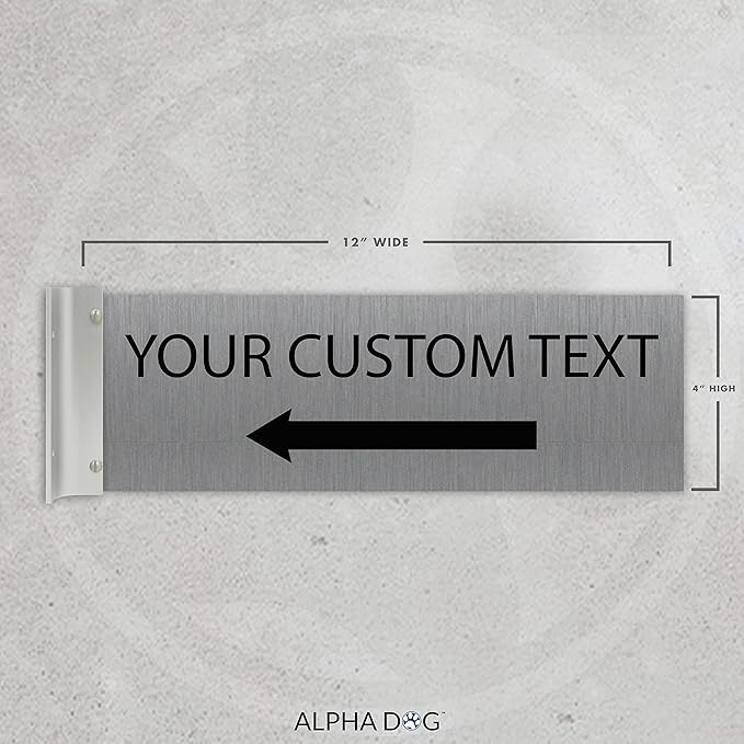 ALPHA DOG SIGNS Custom Projecting Hallway Sign, 4"x12" Double-Sided Business Plaque Left Arrow, Personalized Indoor Outdoor Wayfinding, Easy Install, Durable, Made in USA (Brushed Stainless)