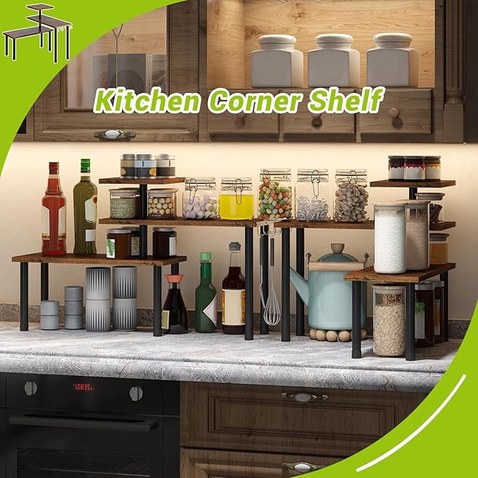 BMOSU Kitchen Corner Shelf Countertop Organizer with Hooks Adjustable Spice Rack Corner Display Rack Shelf Cabinet Counter Shelves(Rustic Brown)