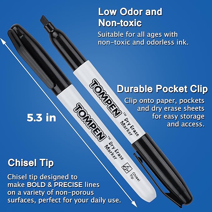 TOMPEN Dry Erase Markers Black,160 Bulk Pack Chisel Tip,Low Odor Quick-Drying Whiteboard Markers for Office Home School Writing Planning