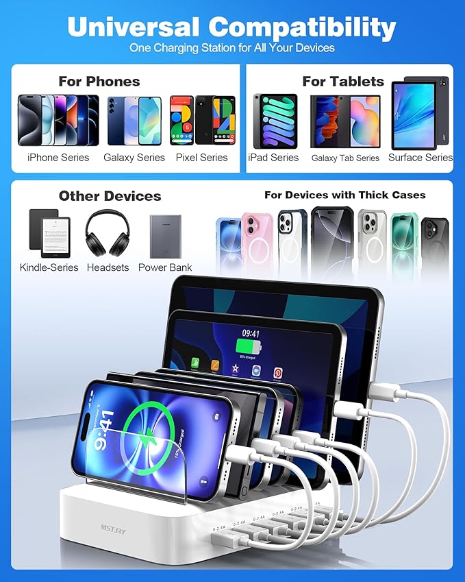 MSTJRY Charging Station for Multiple Devices : 6 Port USB Charger Stations - Family Multi-Device Organizer Charging Dock - Designed for iPhone iPad Android Cell Phone Tablet and Electronic, White