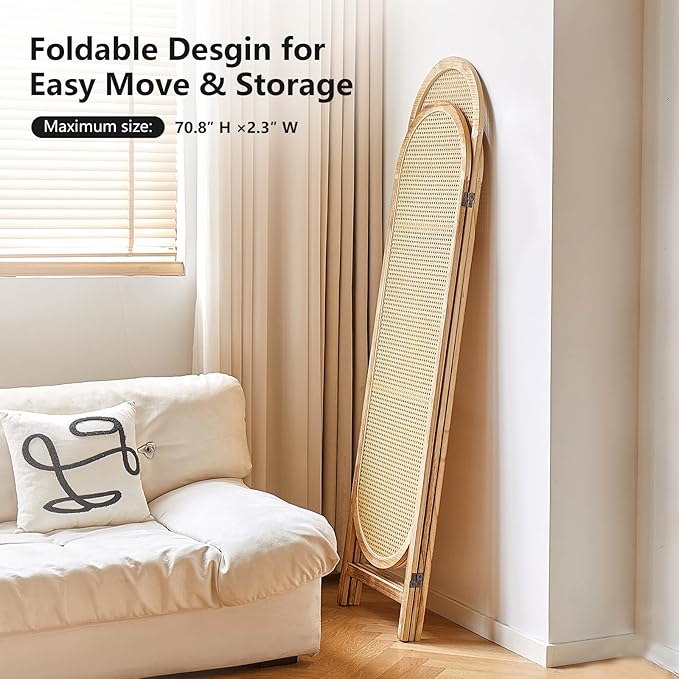 Asnefeli Room Divider 3 Panels, Hand-Woven Rattan Room Divider Wall, Foldable Wood Divider Screen, Creative Divider Wall, Folding Privacy Screens, Unique Design Privacy Divider Panel (Natural)