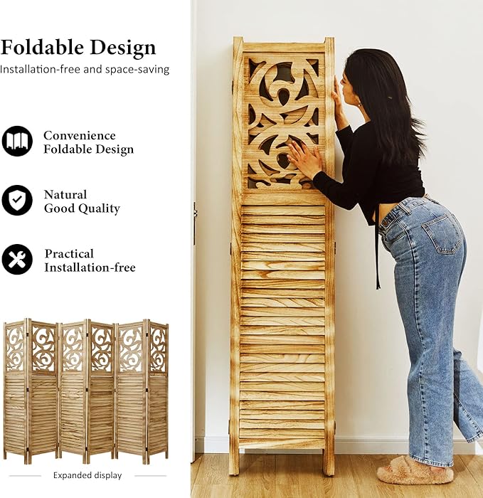 Room Divider Wood Carved Wall Divider Indoor Folding Portable Partition Screen for Home Office Garden Terrace - 6 Panel, 67 * 90inch (Wood)