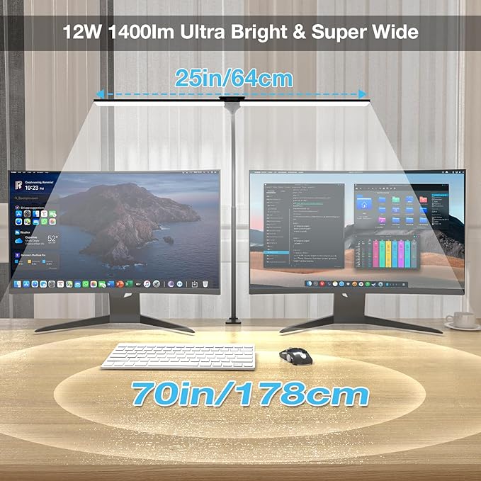 Hensam Desk Lamp for Home Office, Double Head Desk Light with Clamp, Dimmable 5 Color Modes Task Lighting, Eye-Caring Architect Table Lamp for Workbench, Dual Monitor, Study, 1400lm