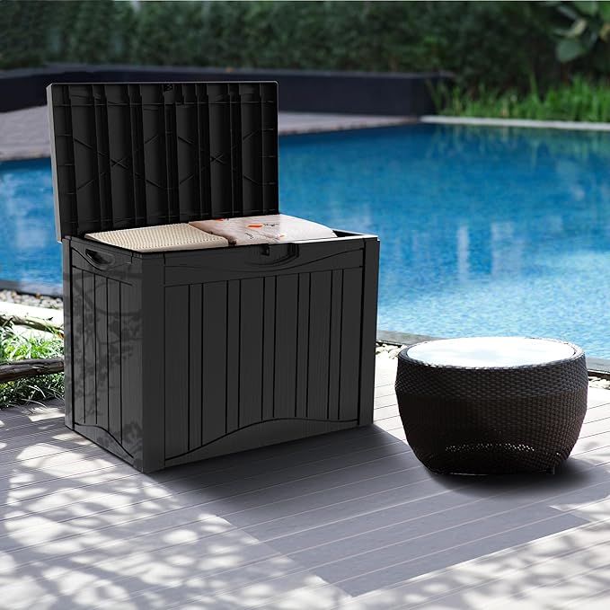 Decksplore 50 Gallon Outdoor Storage Box Waterproof Lockable Resin Deck Box Large, Patio Storage Bin for Pool Accessories Cushion Furniture, Garden Tools, UV-Resistant Outside Delivery Black