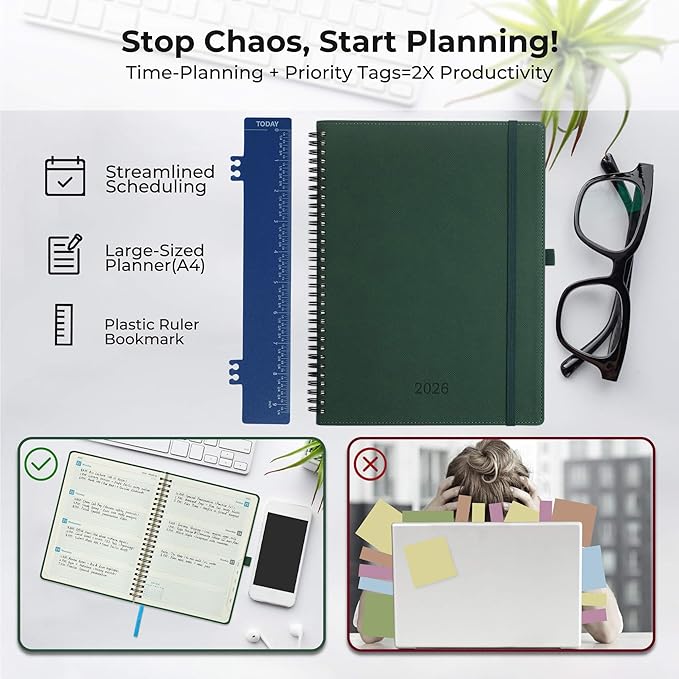 IN-LUXPRO Planner 2026 Daily Weekly and Monthly,11.5"x8.5",12 Months Spiral Bound Calendar Agenda with Self-adhesive Pen Holder,2026 Appointment Book with Vegan Leather Soft Cover,Green