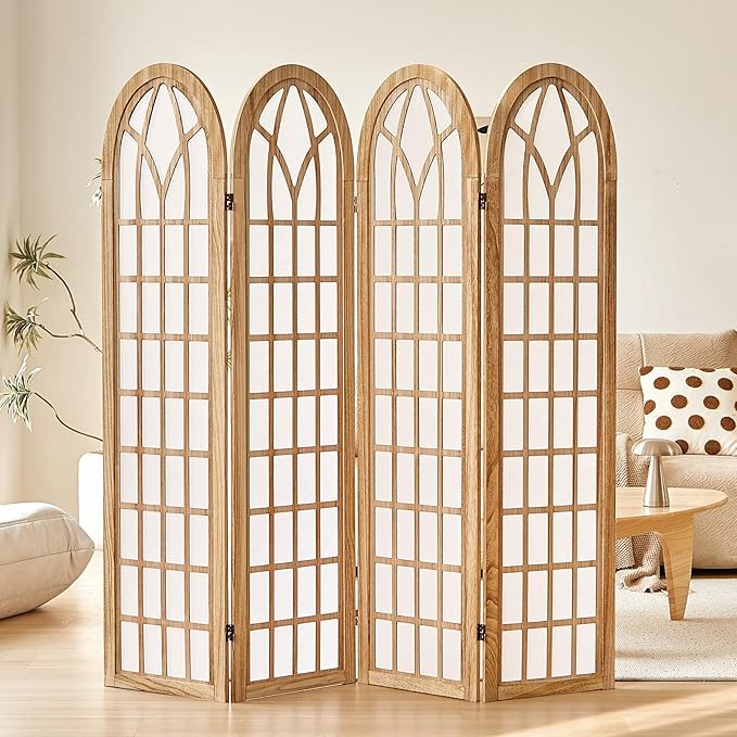 ALeesing Folding Room Divider Privacy Screen Freestanding 4-Panel Shoji Style Wooden Frame Decorative Partition Wall for Bedroom Office Apartment Natural
