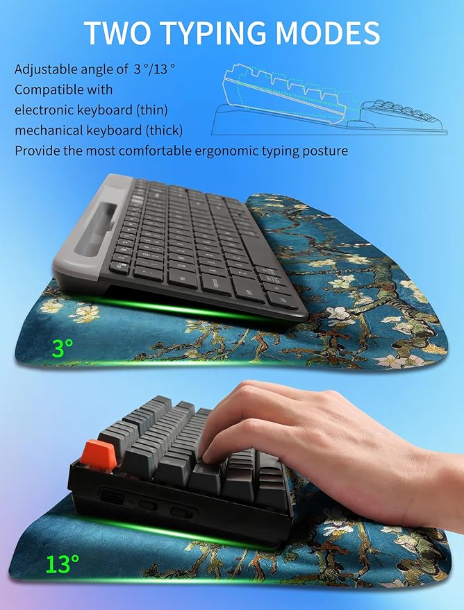 KUOSGM Ergonomic Wave Wrist Rest with Keyboard Stand, Cushioned Palm Rest, Comfortable Integrated Memory Foam for Natural Typing and Relieve Wrist Pain, Van Gogh Apricot Blossom