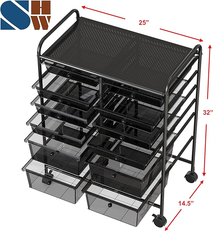 Simple Houseware Utility Cart with 12 Drawers Rolling Storage Art Craft Organizer, Black