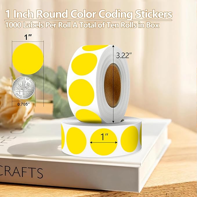 Yellow 1 Inch Round Color Coding Dot Labels, 10 Rolls 10000 Dot Stickers in Dispenser Box - Permanent Adhesion, Vibrant Colors, Highly Visible