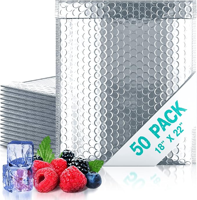 Amiff Silver Thermal Bubble Mailer, 18 x 22 Inches. 50 Pack Metallic Bubble Mailers. Self-Seal Insulated Mailers for Cold Shipping. Padded Envelopes Waterproof. Thermal Bag for Food, Cosmetics