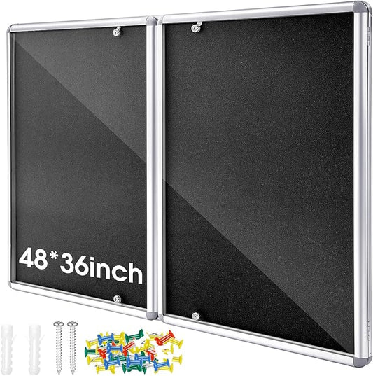 Enclosed Bulletin Board 48" x 36" Weather Resistant Lockable Notice Cork Display Board Wall Mounted 2 Locking Door for School Classroom Commercial Christmas, 12 x A4(Black, Silver Frame)