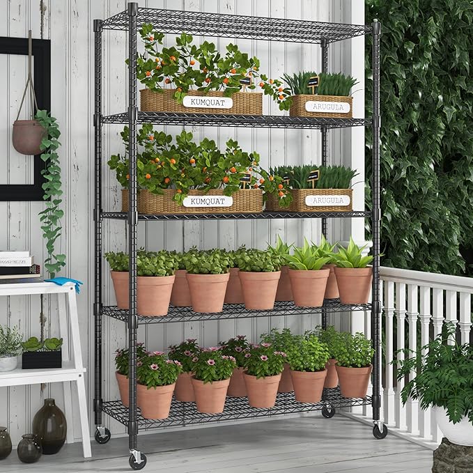 Homdox 5 Tier Storage Racks and Shelving, 24"x60"x82" Heavy Duty Metal Shelves for Storage, 3000LBS Commercial Adjustable Wire Shelving Unit on Wheels for Garage, Pantry, Kitchen, Warehouses, Black